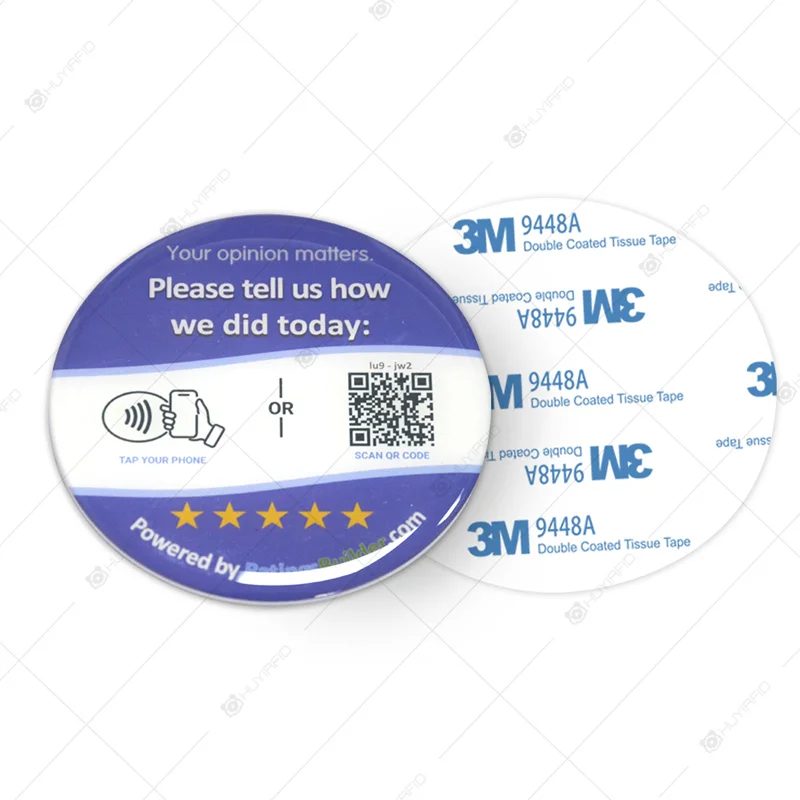 Glossy epoxy-coated PVC NFC plate with QR code and NFC tap icon