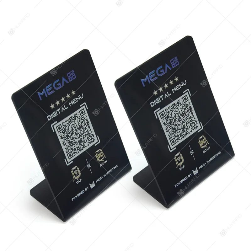 NFC stand with a social-media follow sign and QR code