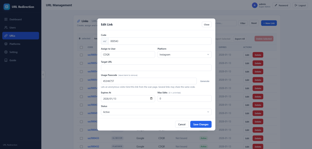 Ziel, Passwort und Ablauf direkt im Dashboard ändern.
